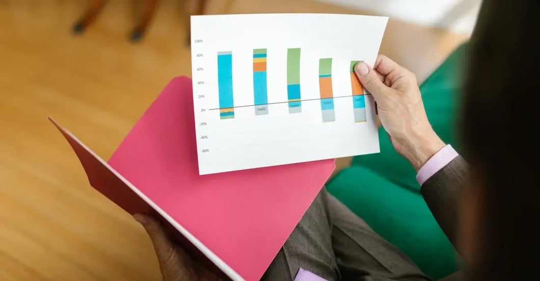 Person holding Amazon category listing report with colorful bar charts showing data analysis and performance metrics.