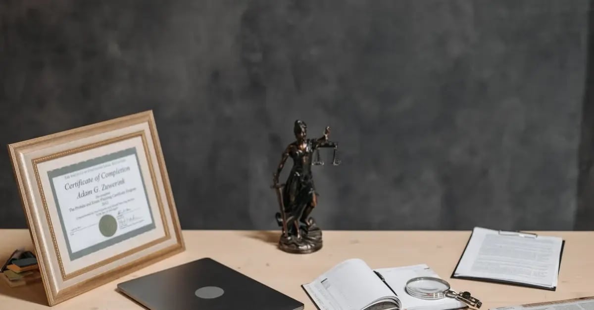 Lawyer's desk with framed certificate, Lady Justice statue, open notebook, and Amazon IP complaint documents on display.